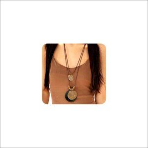 Adjustable Leather Cord Wooden Disc Pendant Necklace Stacking Choker